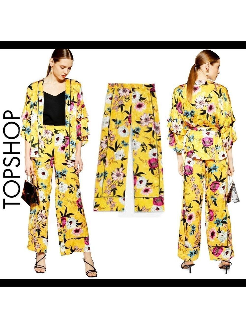 Topshop Asian Oriental yellow floral flower print wide leg trousers belted Sz 8